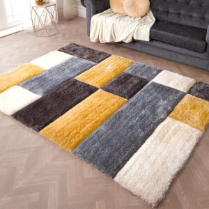 Blocks Polyester 80x150cm 3D Carved Rug In Ochre